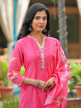 Pink silk printed kurti set with aabla work