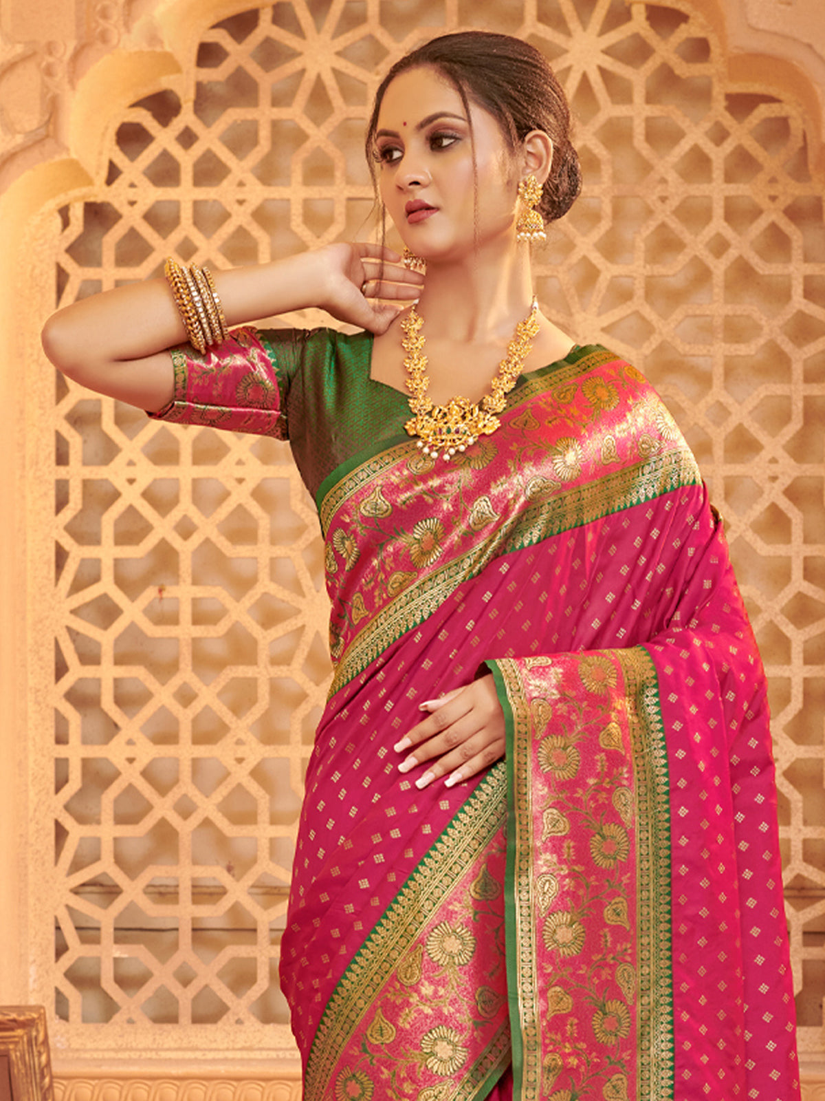 Pink silk saree for festive celebration