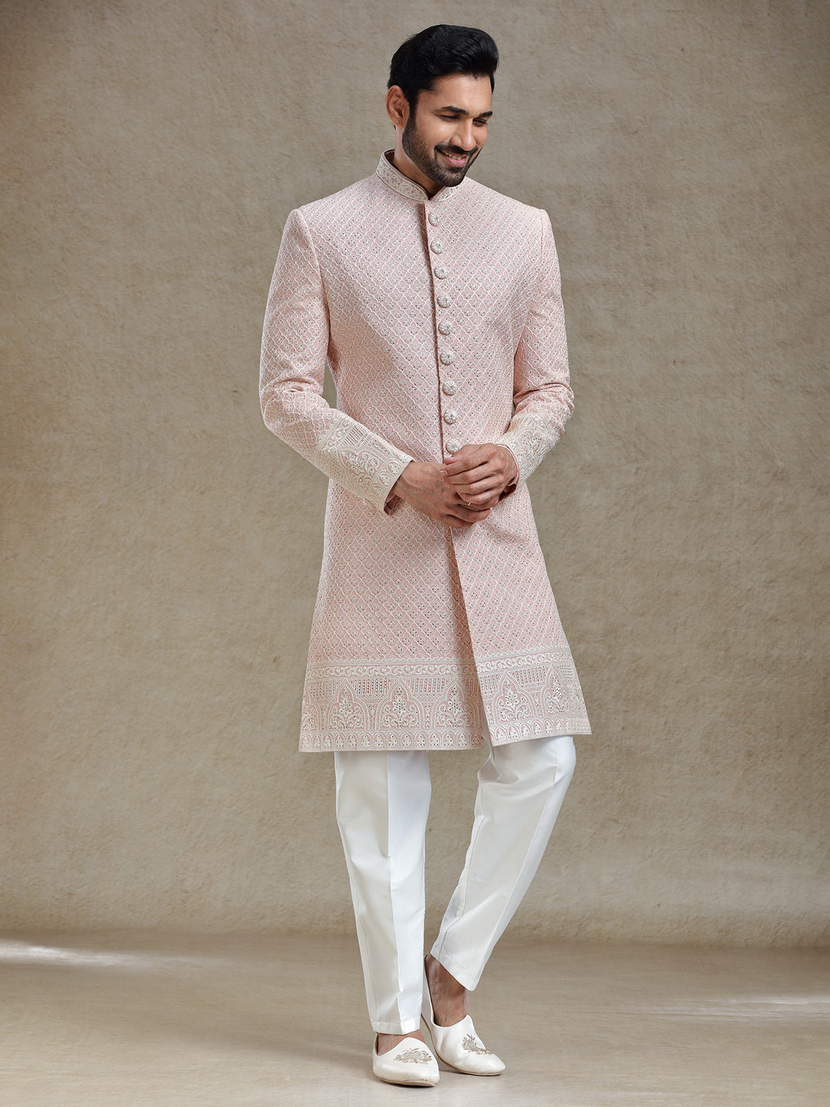 Pink silk wedding style long sherwani set