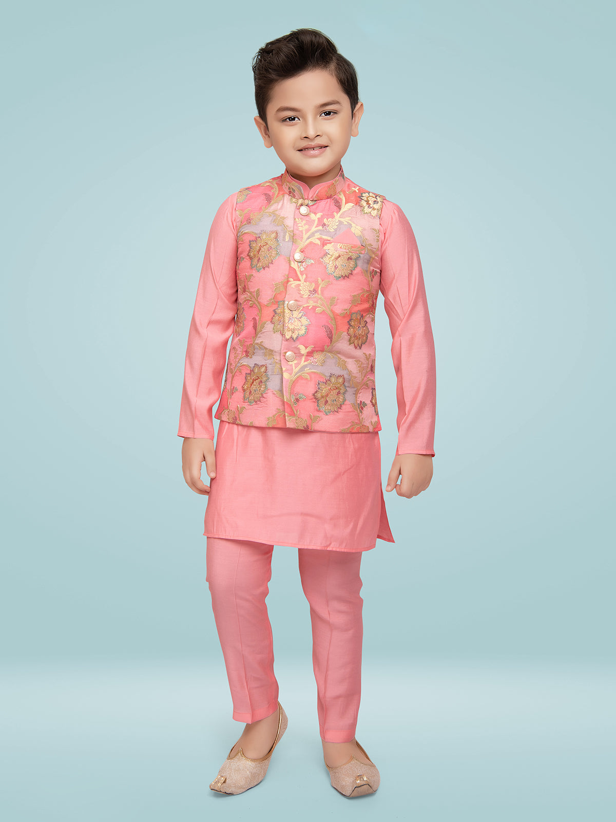 Pink silk zari woven waistcoat set