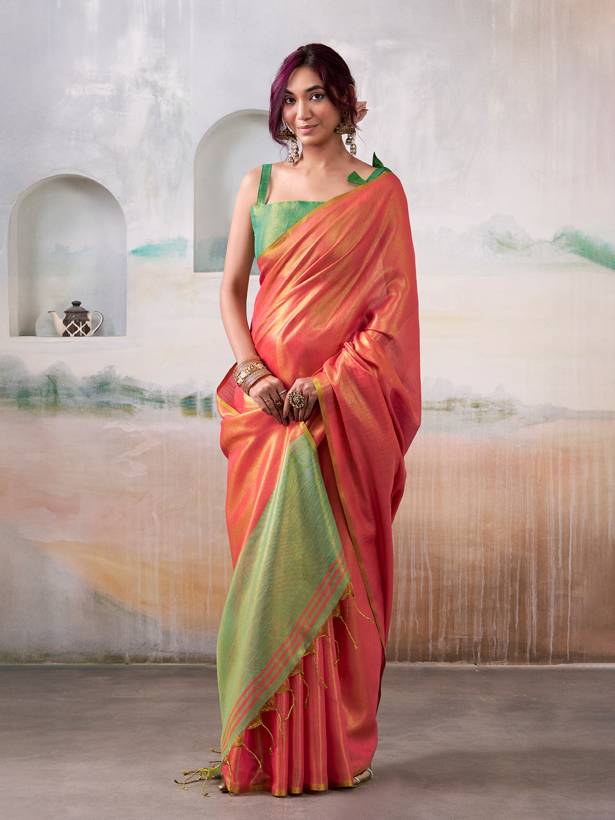 Pink tissue silk saree beauty