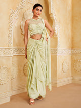 Pista crepe silk ready to wear saree with sequins and cutdana glow