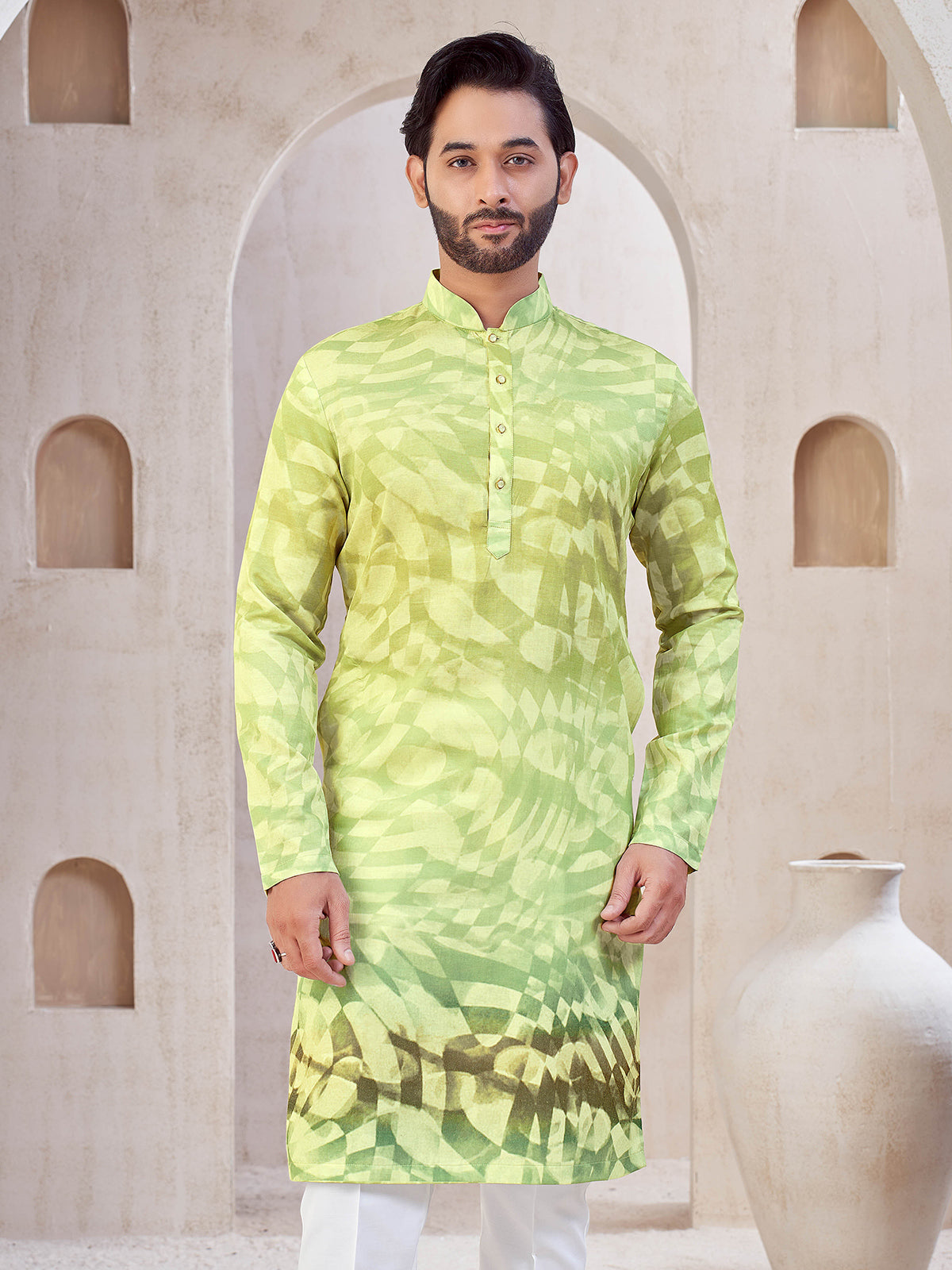 Pista green cotton printed kurta suit for mens