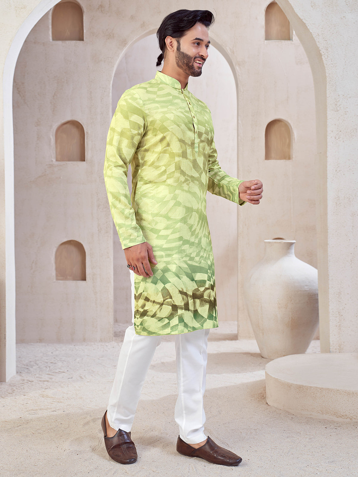 Pista green cotton printed kurta suit for mens