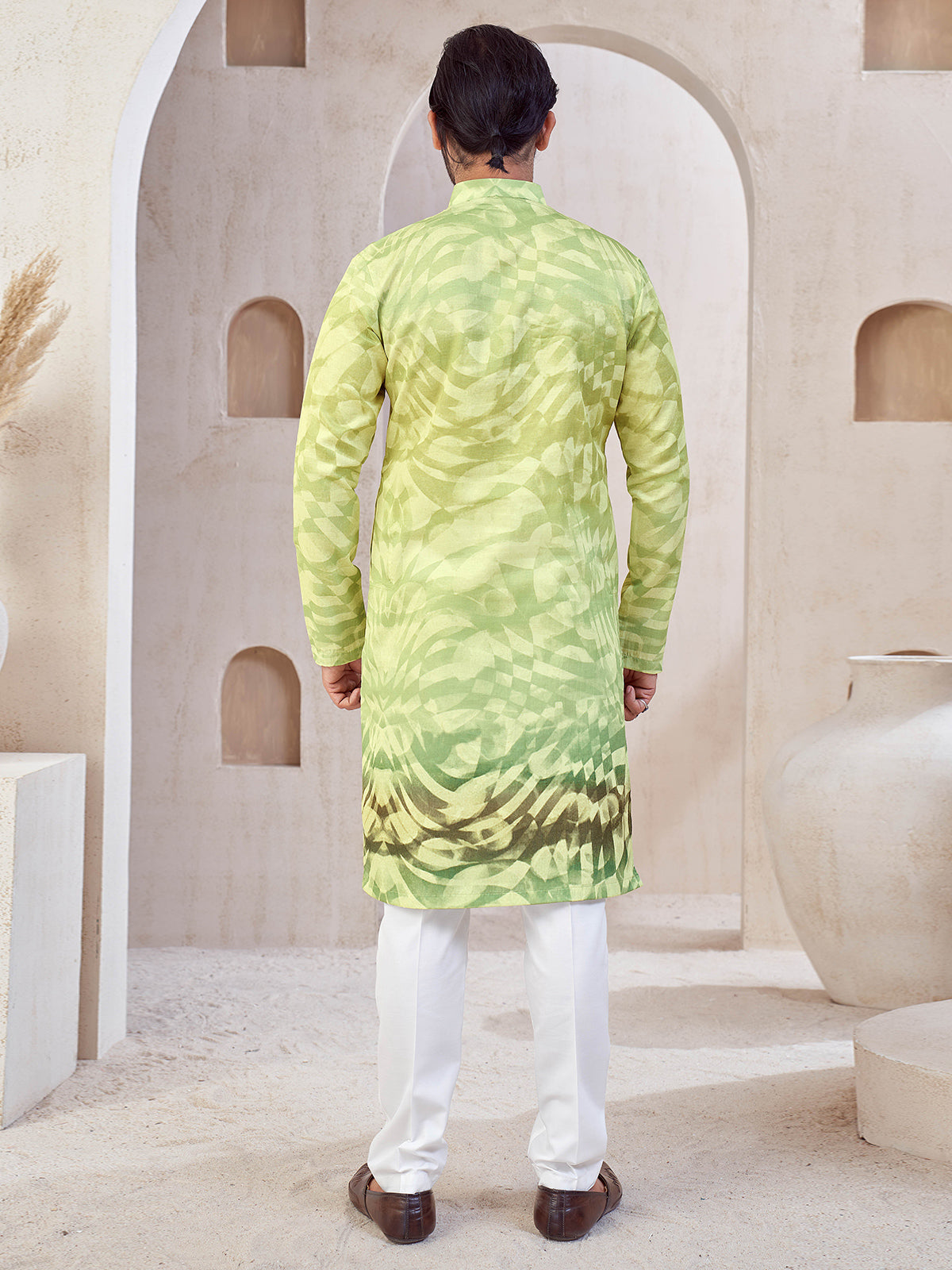 Pista green cotton printed kurta suit for mens