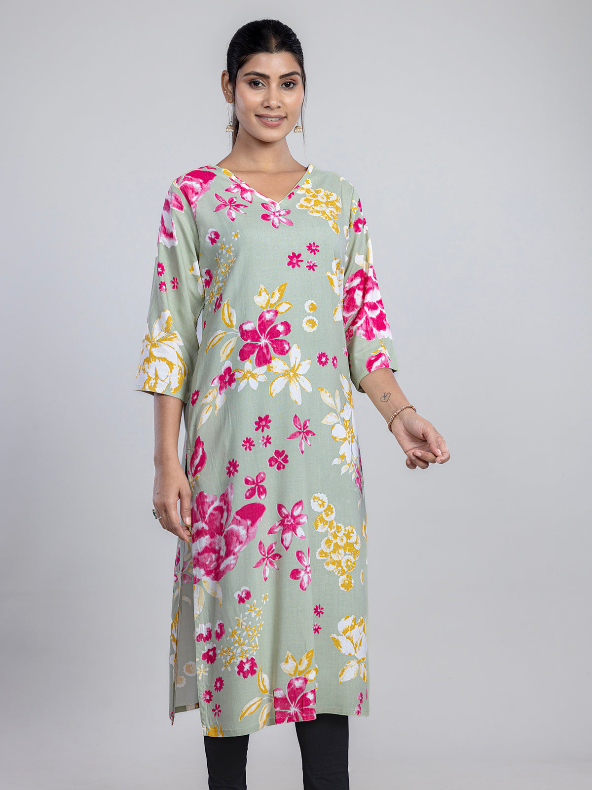 Pista green cotton printed kurti for women
