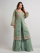 Pista green designer pakistani tissue and satin silk palazzo suit