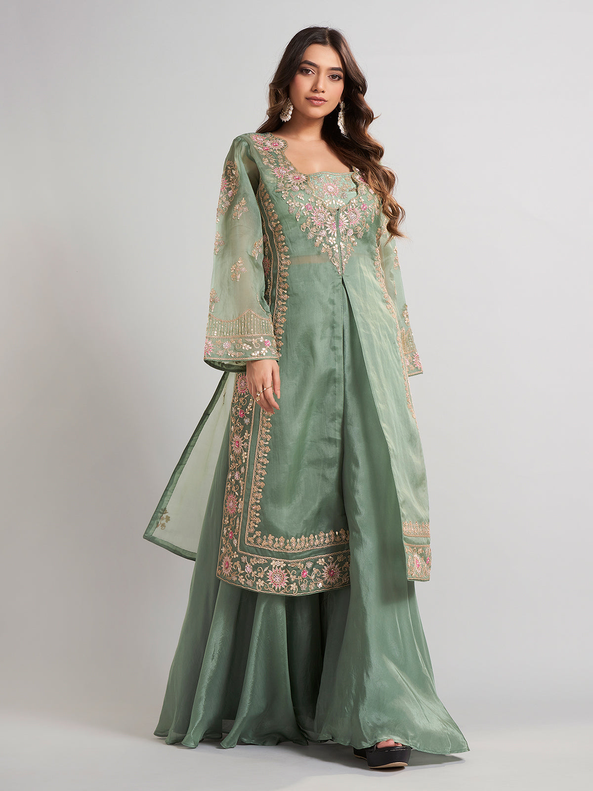 Pista green designer pakistani tissue and satin silk palazzo suit