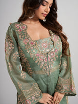 Pista green designer pakistani tissue and satin silk palazzo suit