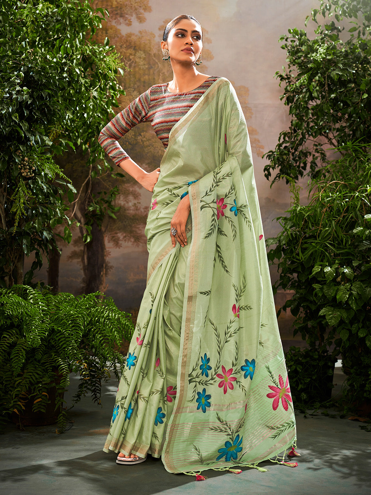 Pista green linen floral printed saree