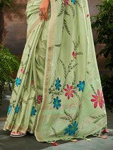 Pista green linen floral printed saree
