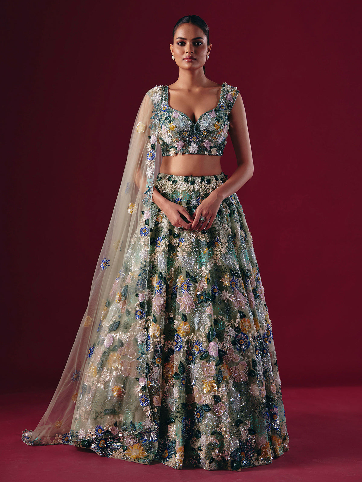 Pista green net lehenga choli with threaded pearl beauty