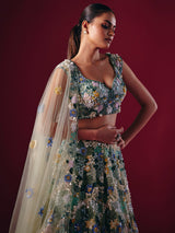 Pista green net lehenga choli with threaded pearl beauty
