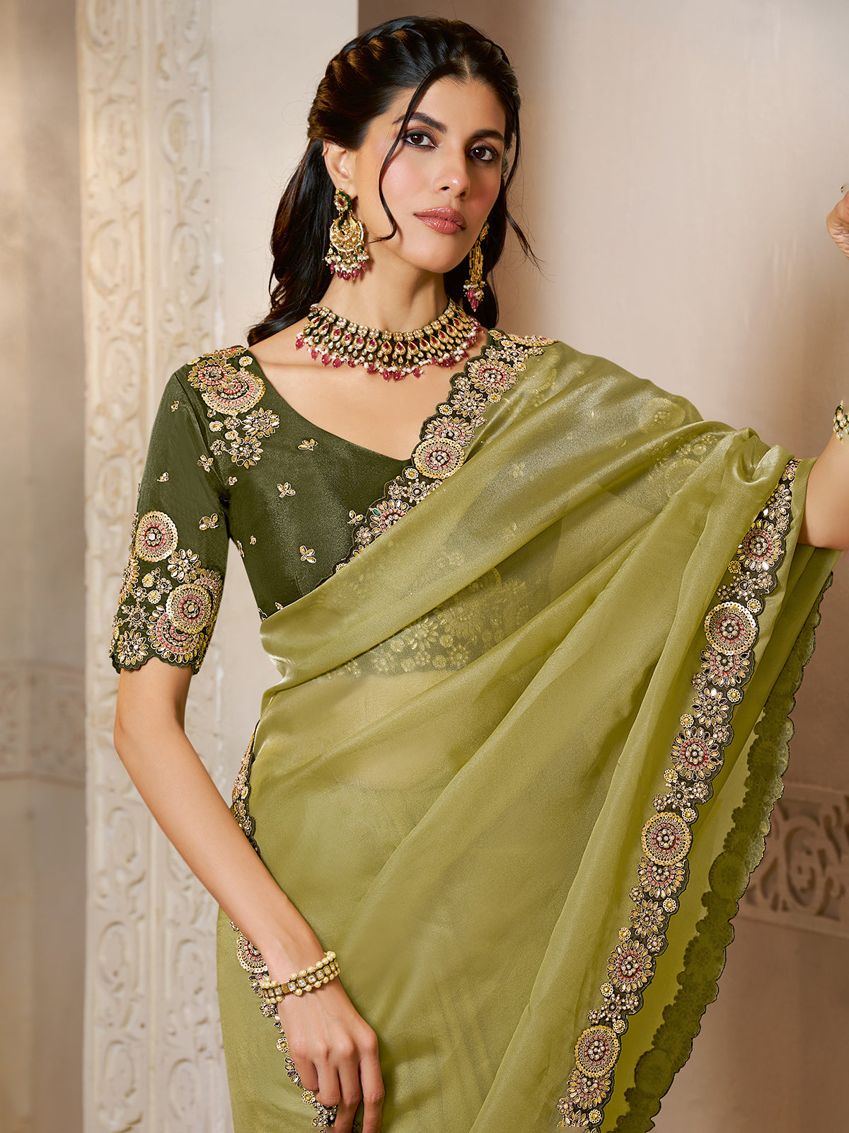 Pista green organza satin saree of serene glow
