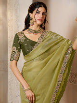 Pista green organza satin saree of serene glow