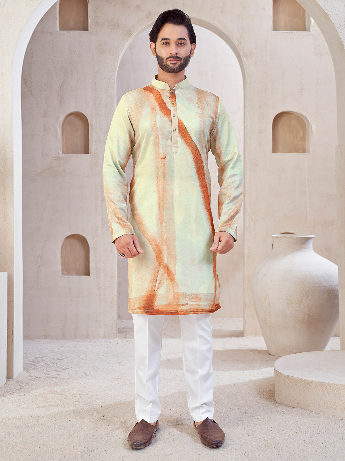Pista green printed cotton kurta suit