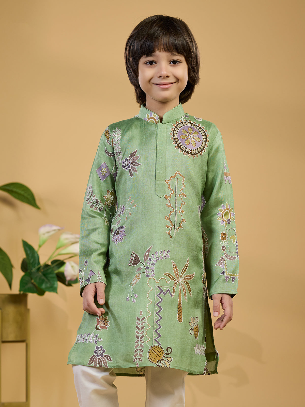 Pista green printed silk kurta suit for boys