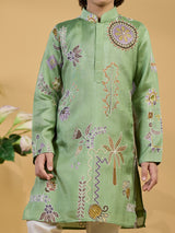 Pista green printed silk kurta suit for boys
