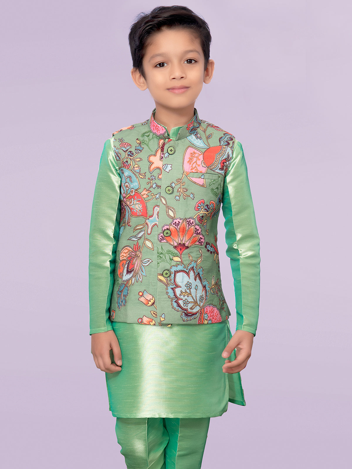 Pista green printed silk waistcoat set for boys