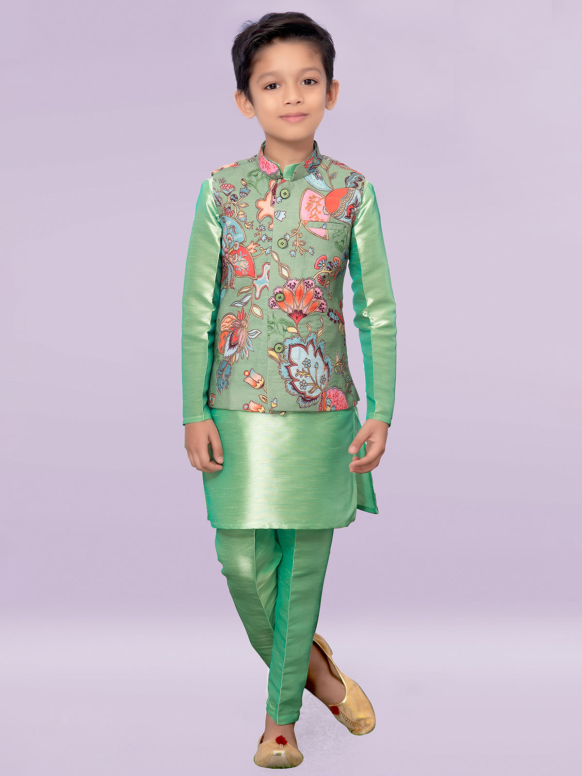 Pista green printed silk waistcoat set for boys