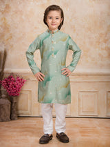Pista green resham and sequins printed cotton silk kurta suit