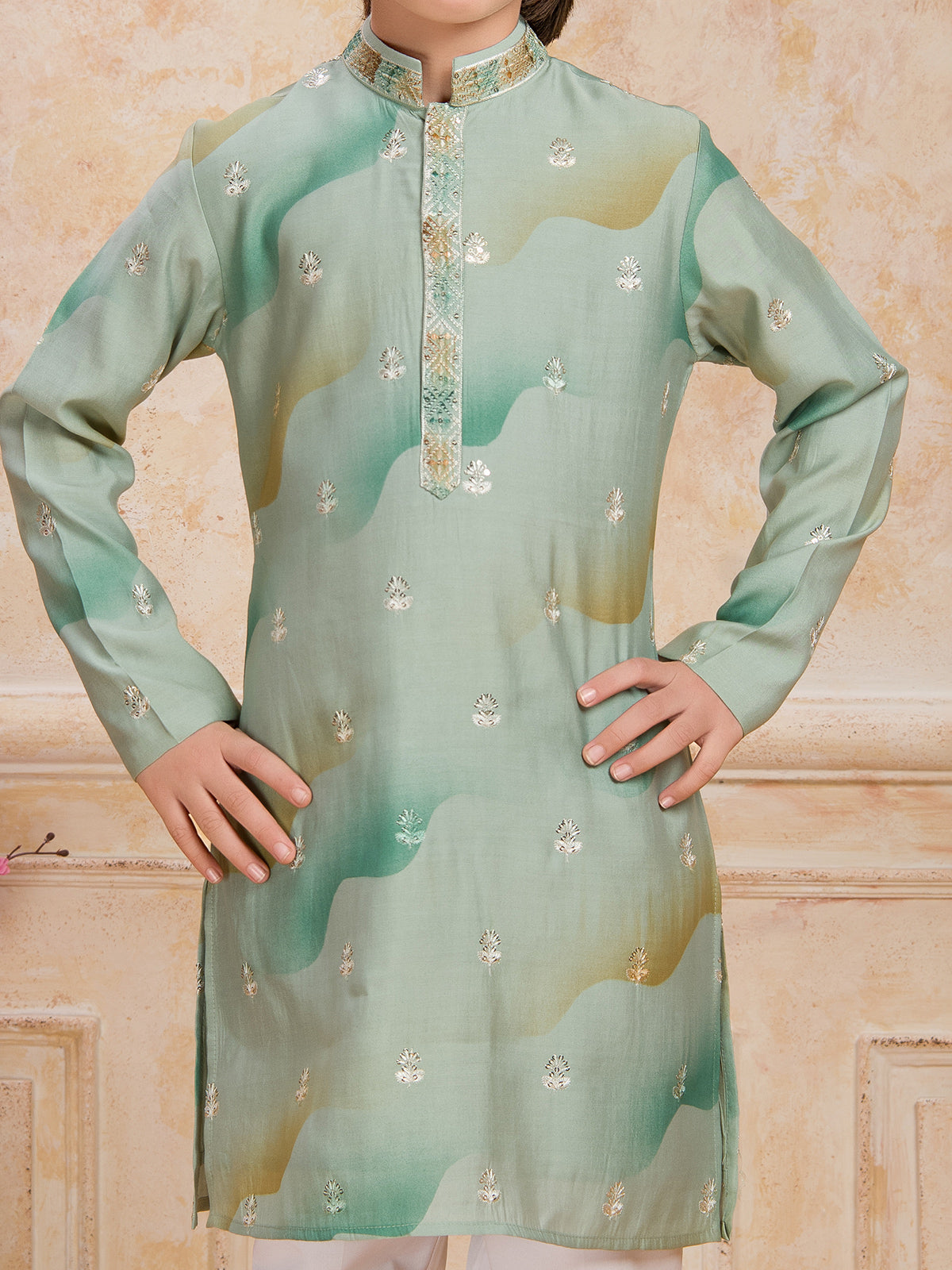 Pista green resham and sequins printed cotton silk kurta suit