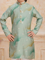 Pista green resham and sequins printed cotton silk kurta suit