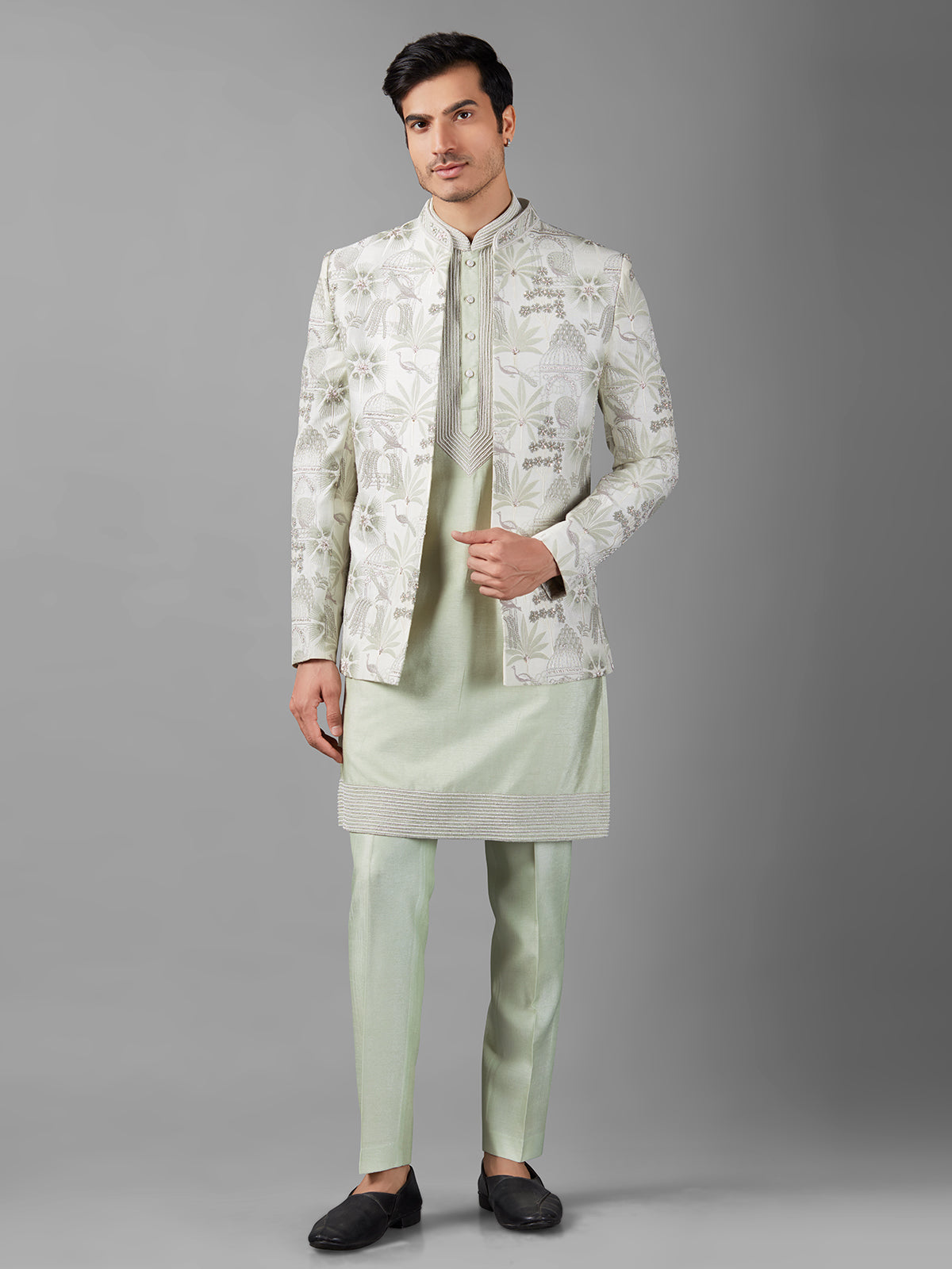 Pista green silk embroidery indowestern