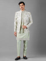 Pista green silk embroidery indowestern