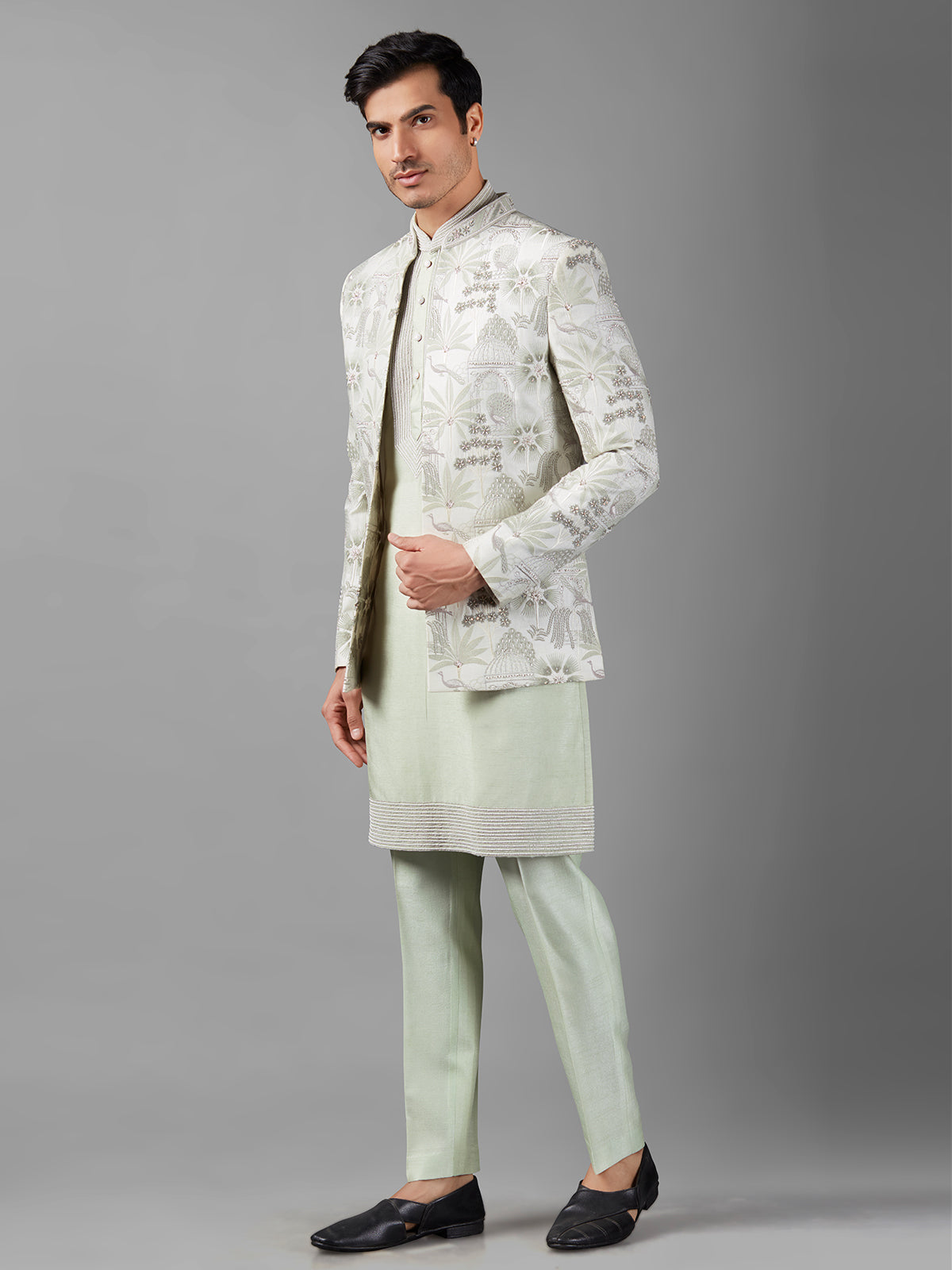 Pista green silk embroidery indowestern