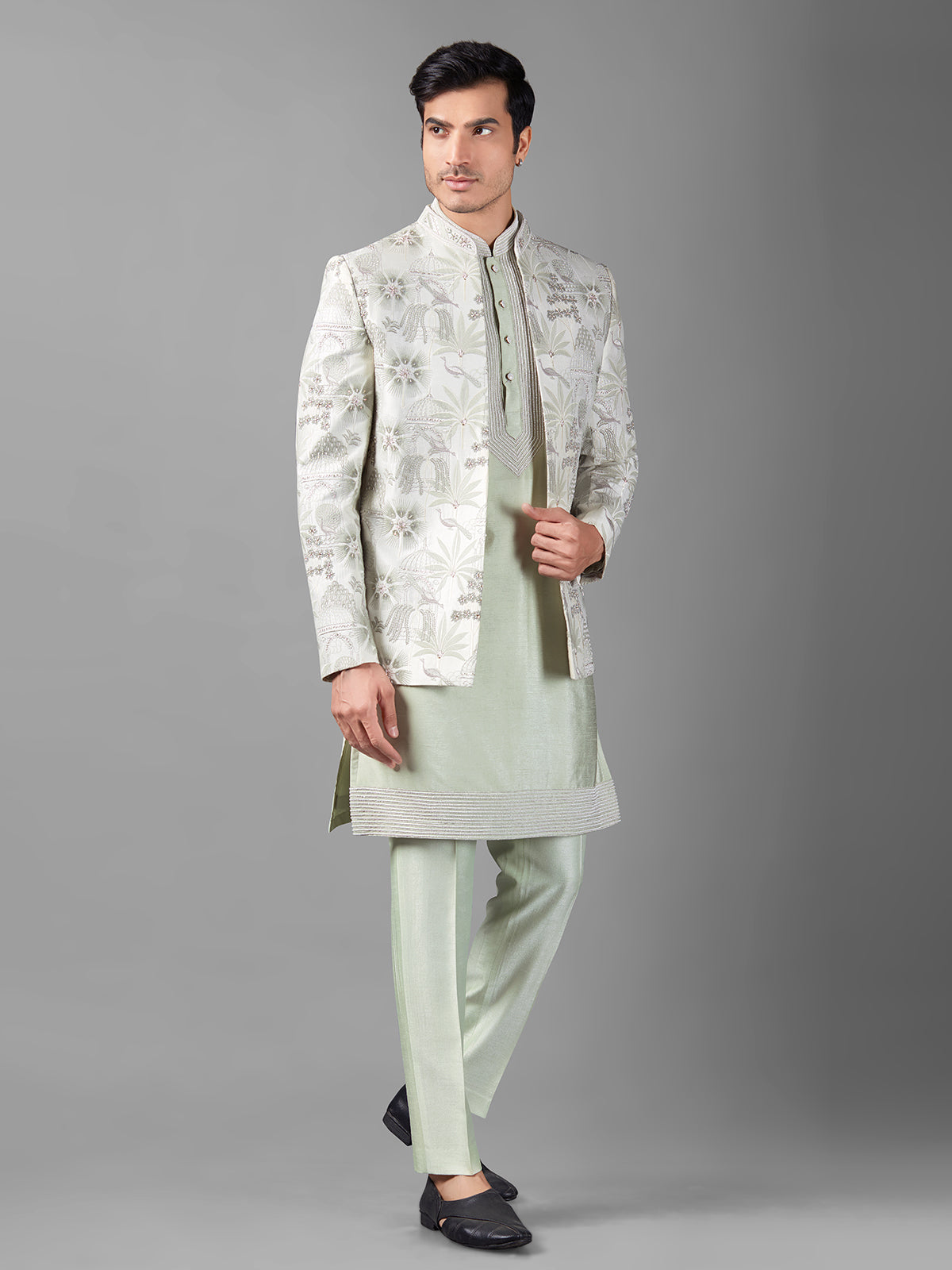 Pista green silk embroidery indowestern