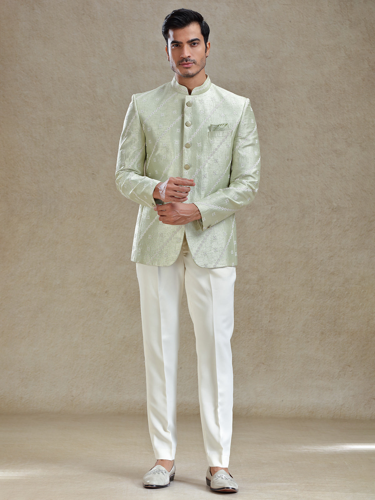 Pista green textured bandh gala jodhopuri suit