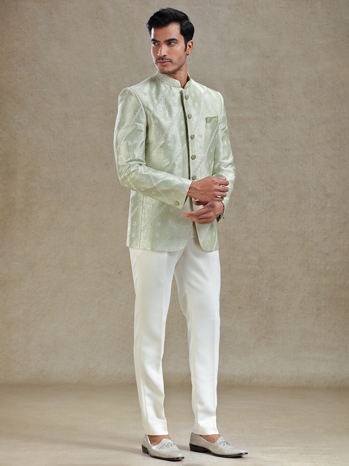 Pista green textured bandh gala jodhopuri suit