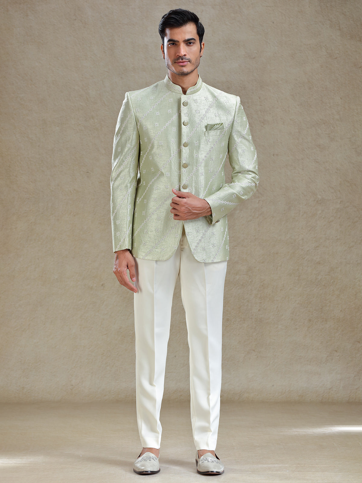 Pista green textured bandh gala jodhopuri suit