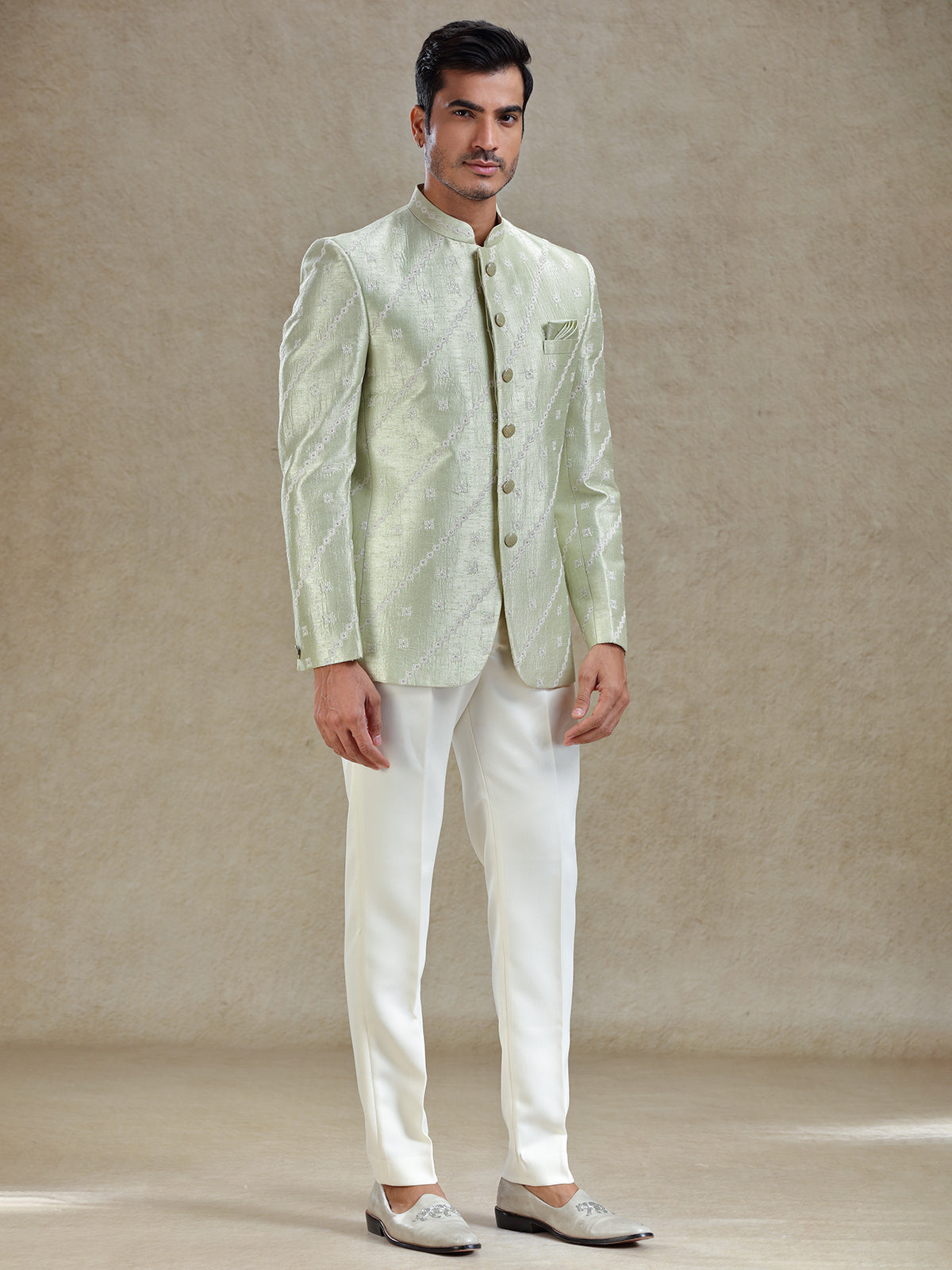 Pista green textured bandh gala jodhopuri suit