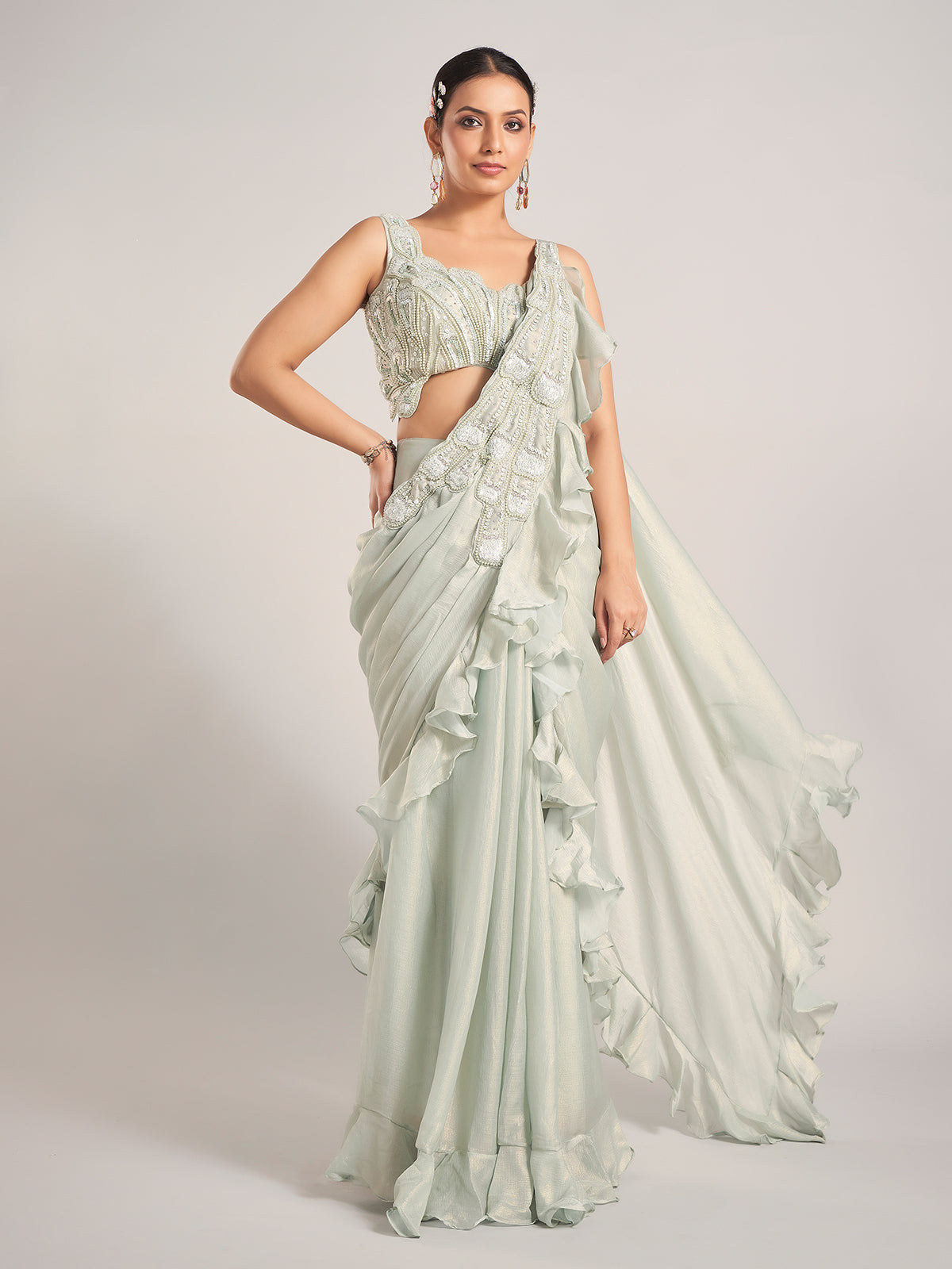 Pista green tissue silk saree for party wear