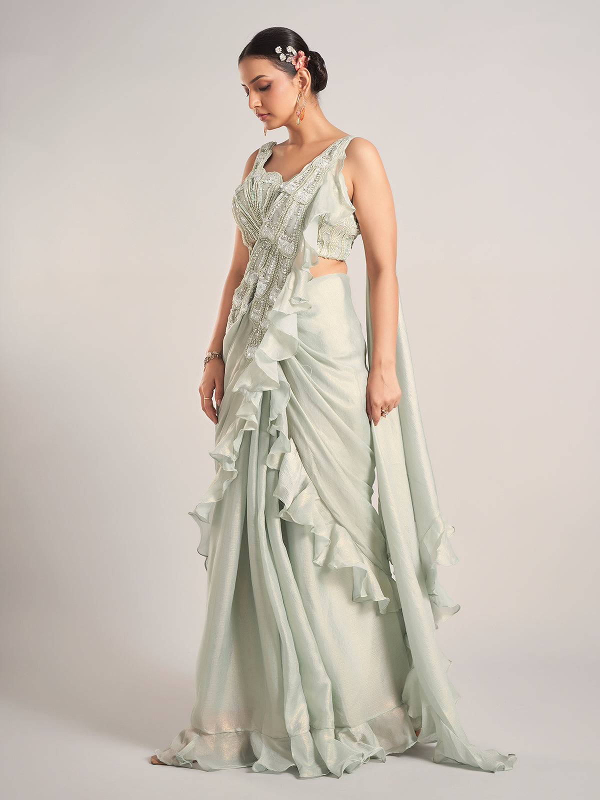 Pista green tissue silk saree for party wear
