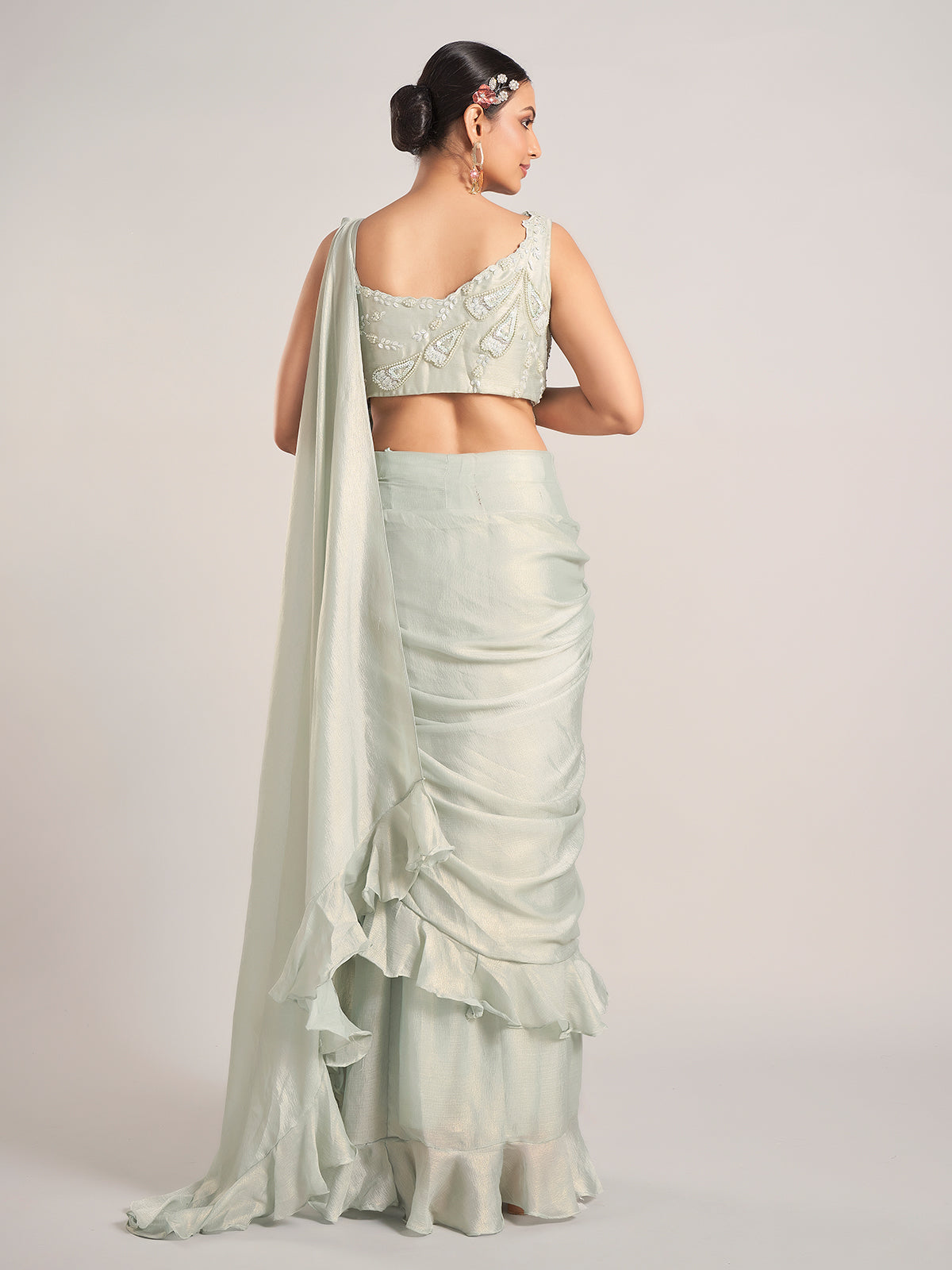 Pista green tissue silk saree for party wear