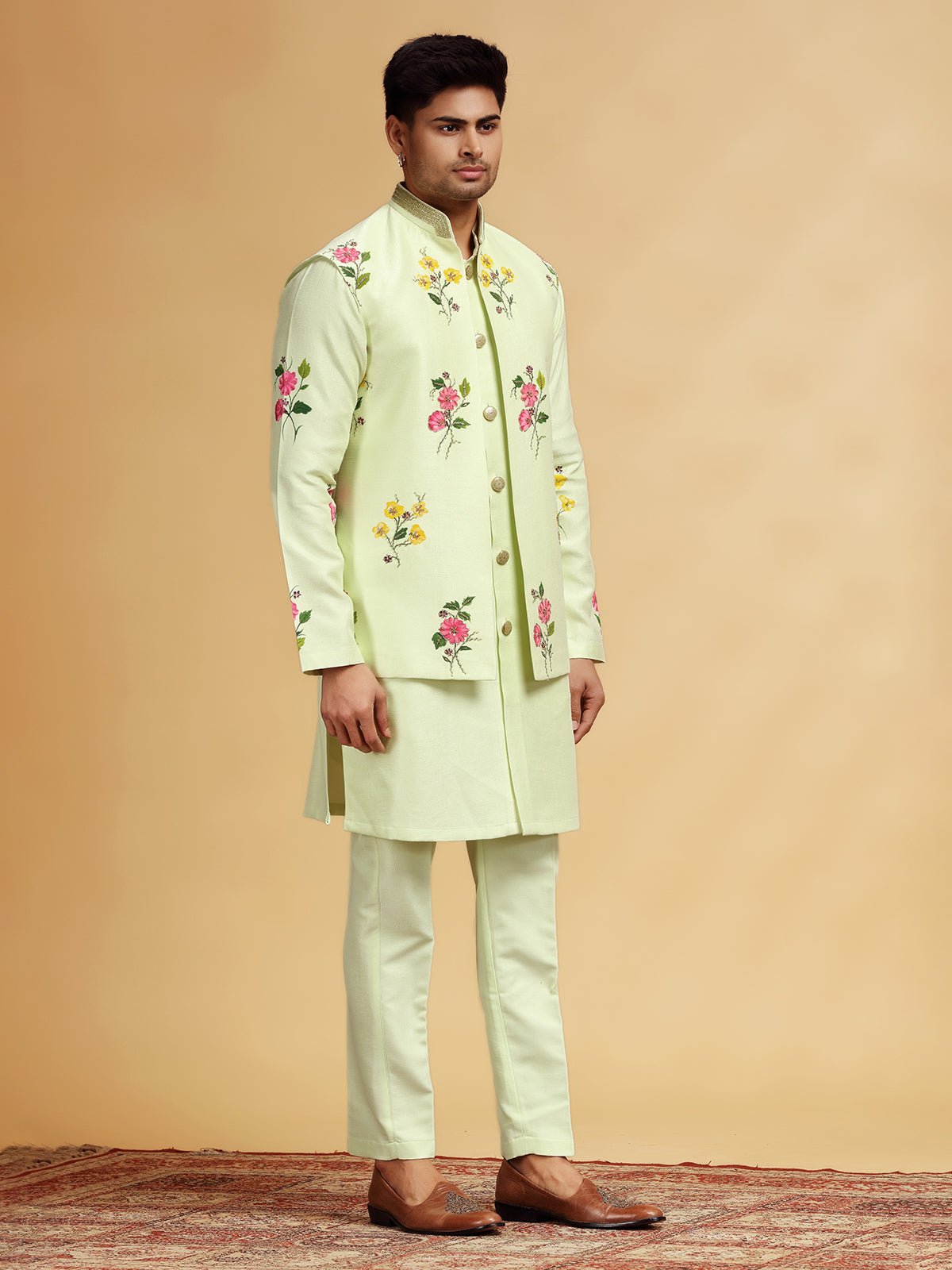 Pista hand printed silk waistcoat set with cutdana work