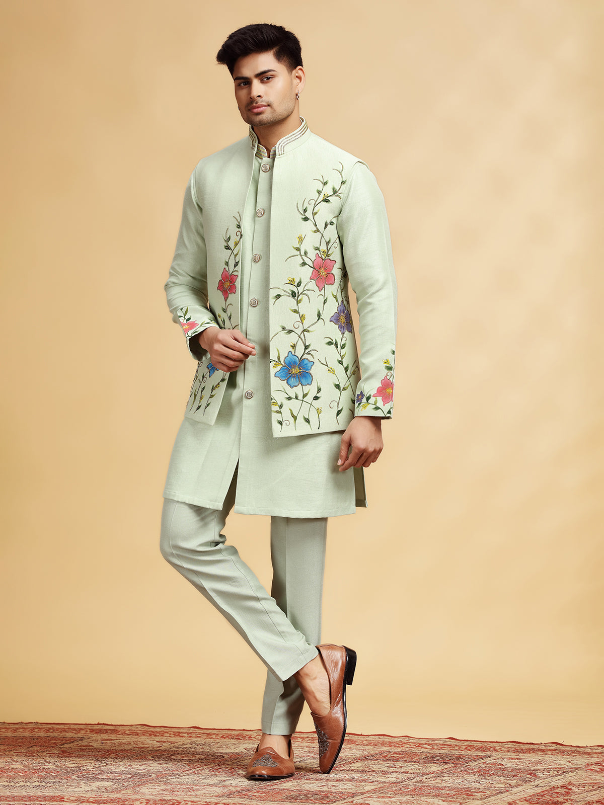 Pista silk reception wear waistcoat set with hand print