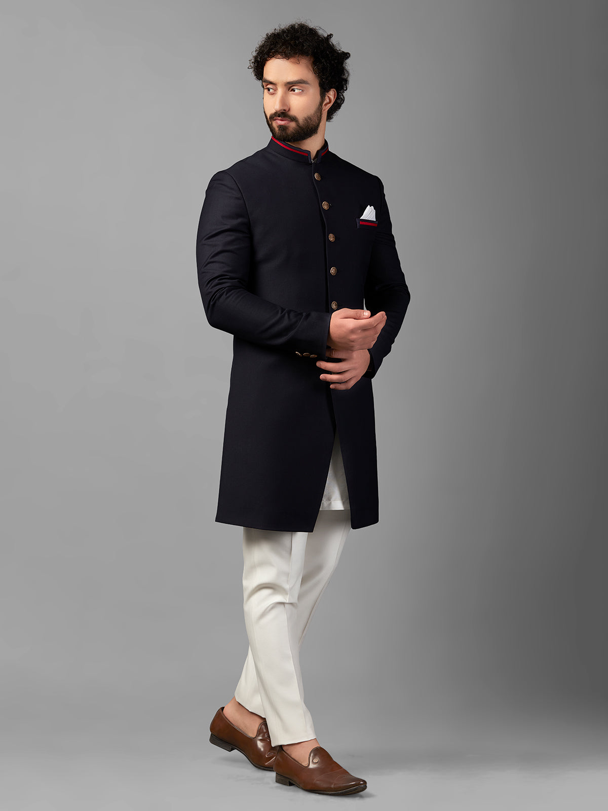 Navy plain terry rayon indowestern