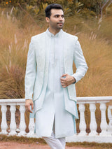 Powder blue raw silk Indowestern for men