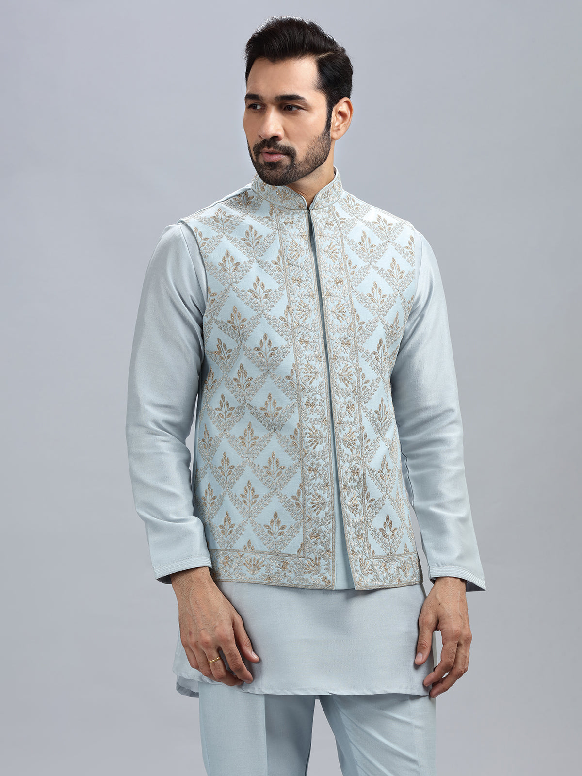 Powder blue silk waistcoat set for men