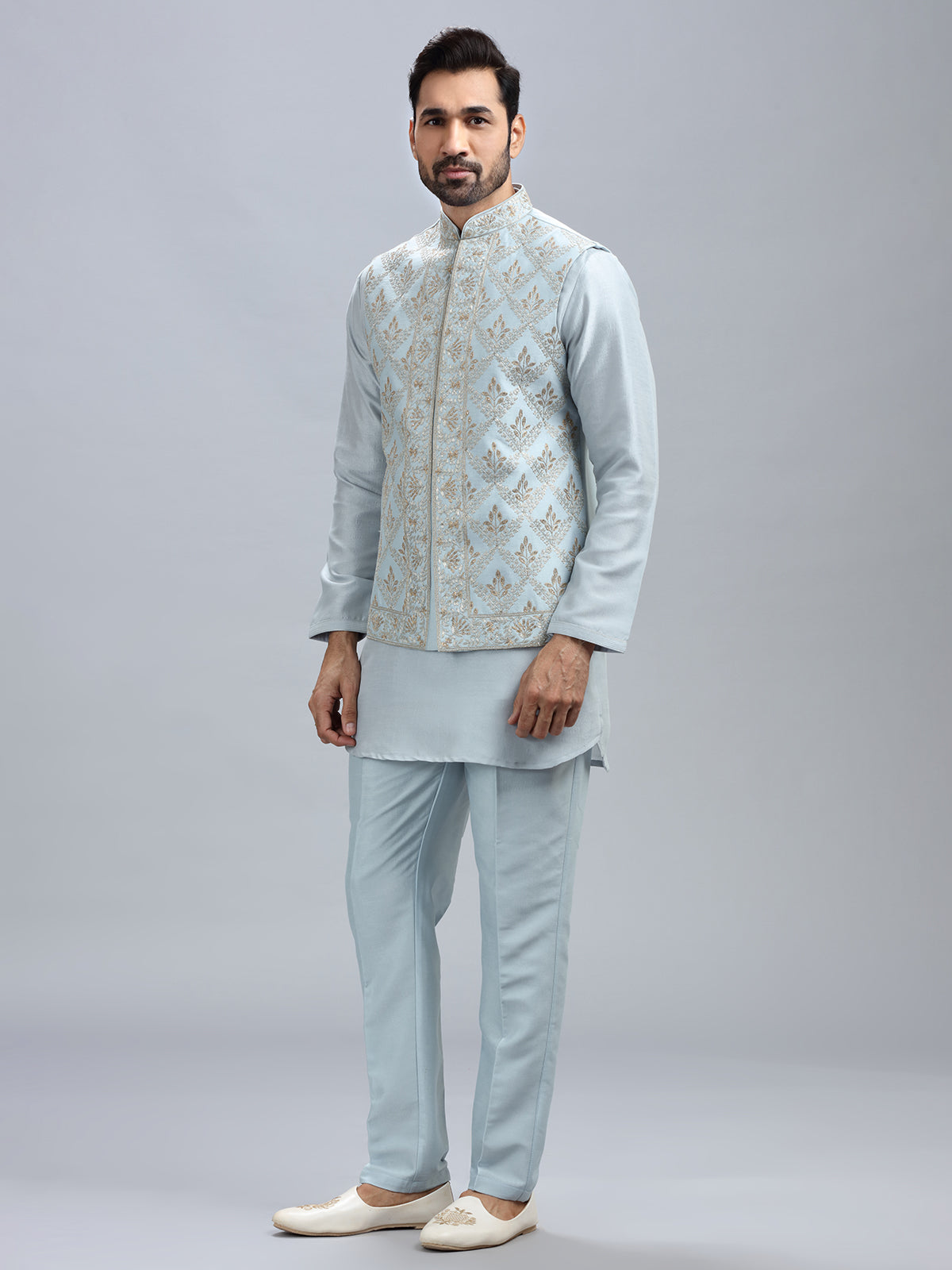 Powder blue silk waistcoat set for men