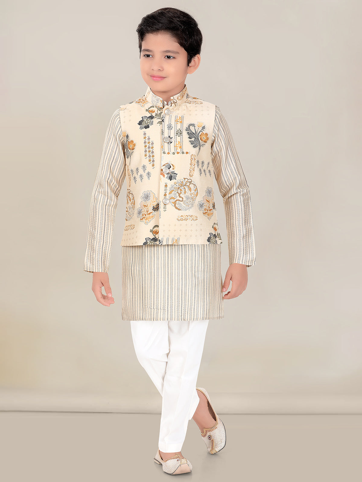 Printed beige silk waistcoat set for boys