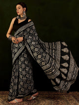 Printed black saree in bhagalpuri silk