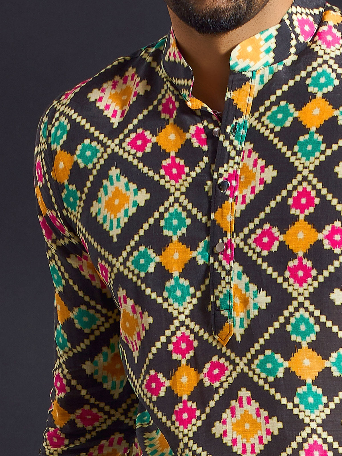 Printed black silk kurta for festive