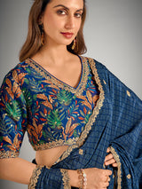 Printed blue satin silk saree