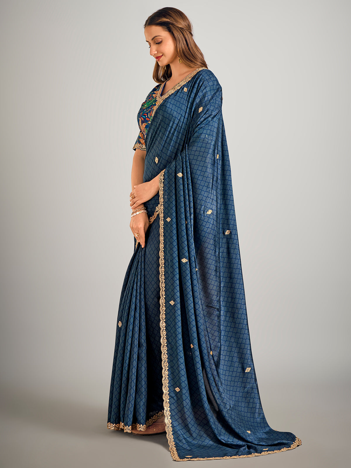 Printed blue satin silk saree