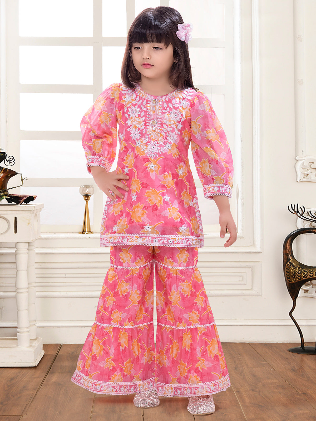 Printed pink cotton sharara salwar suit